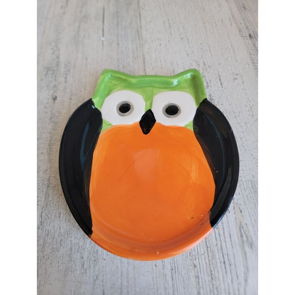 Owl Halloween dish green orange home decor trinket sponge holder‎